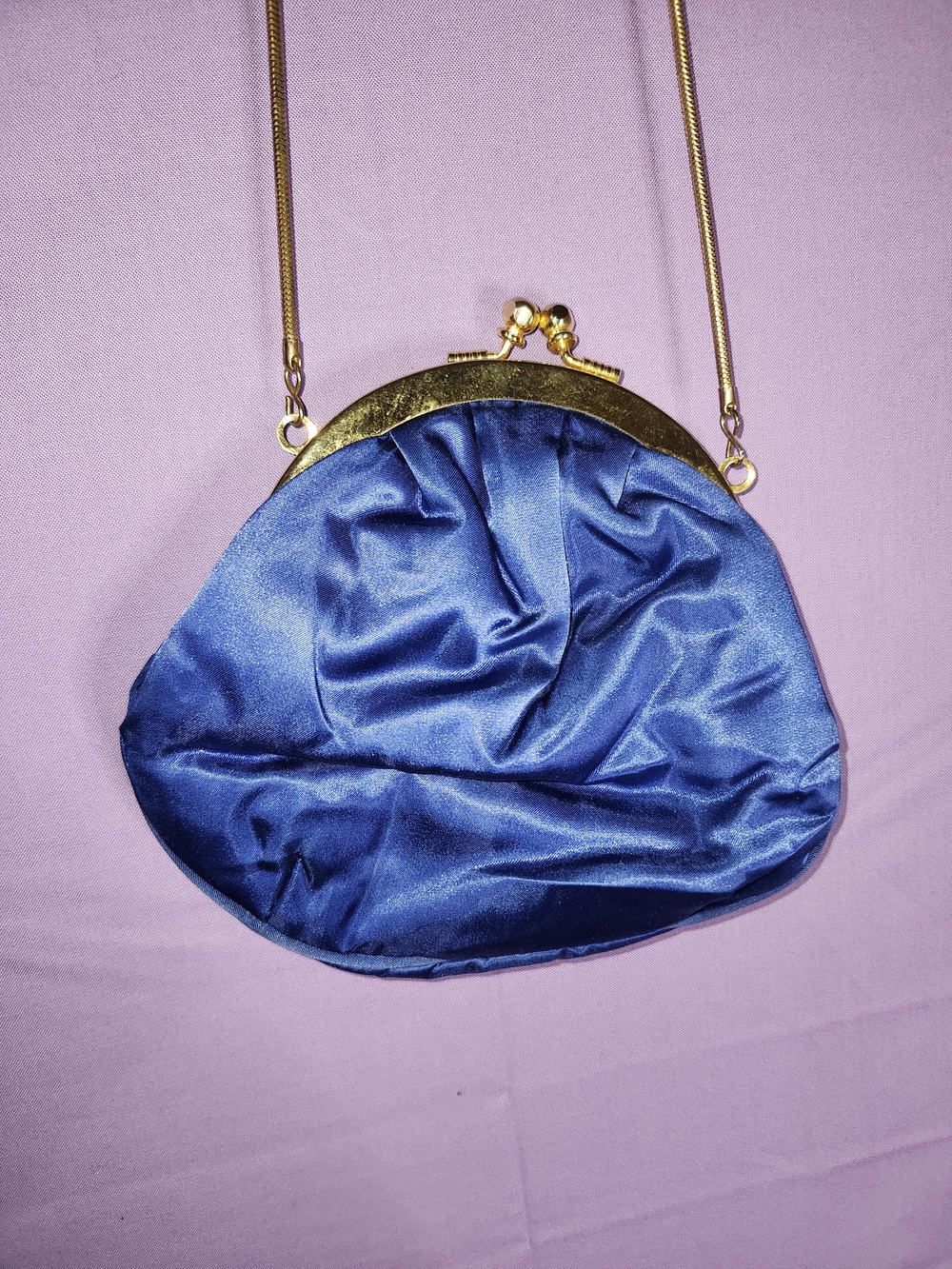 Vintage La Regale Blue Satin Kiss-Lock Long Chain Clutch